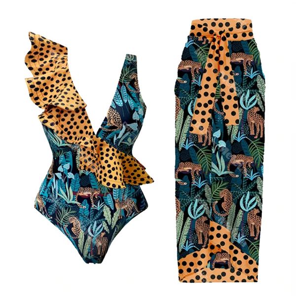 Moda biquíni leopardo roupas de banho sexy de uma peça feminina longa folha de folhas de praia de praia