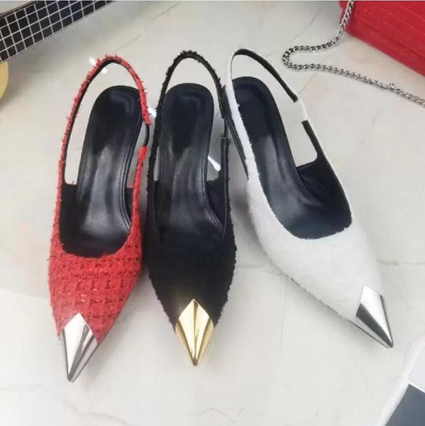 Летние женщины сандалии одевать обувь бренд высокие каблуки насосы Slingback Vesper Sling Back Boucle твидовый черный белый красный острый ногой 35-42 быстрый корабль