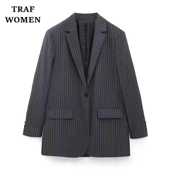 Женские траншеи Coats Traf Coats 2023 в Pinsstripe Office Jupt Jupt Lapel Pocket Longever Pocket Button Classic Женские куртки Joker Mujer 230331