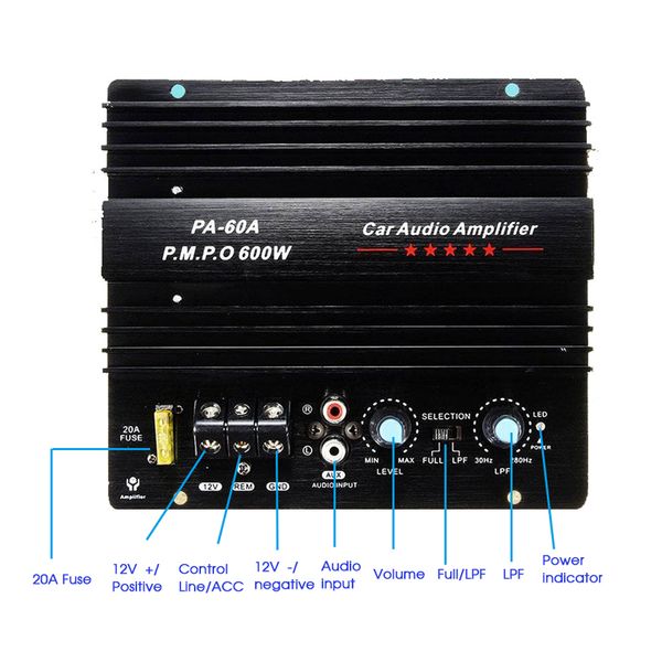 Караок игрок 12 В 600 Вт PA60A Ser Subwoofer Bass Module High Power Car Audio Accessories Mono канал долговечник без потерь плата усилителя 230331