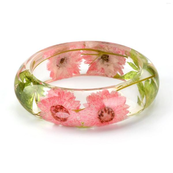 Armreif 2023 handgemachtes Harz rosa getrocknete Blume grünes Blatt Armband Geschenk für Frauen Schmuck