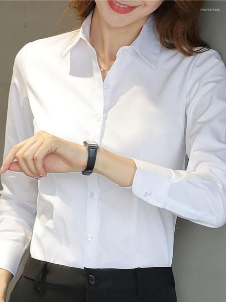 Bloups feminina Moda Mulher Camisa branca fêmea de manga longa vestido formal de tamanho grande roupas de trabalho de trabalho de botão de botão feminino tops