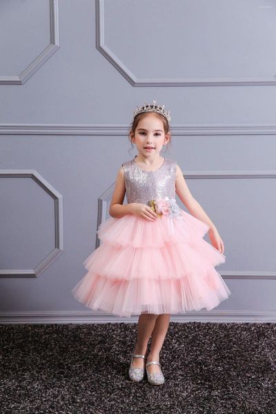 Mädchenkleider Elegante Brautjungfer für Mädchen Hochzeit Kleid Rosa Erstkommunion Zeremonie Kurzer Abend Pailletten Sommerkleidung