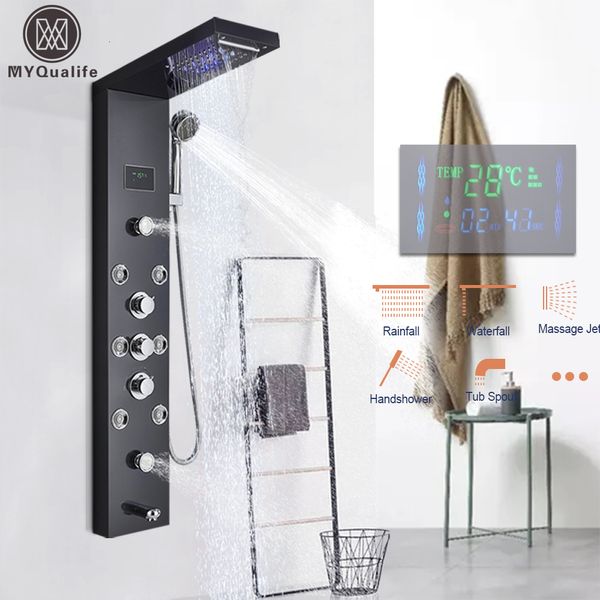 Soffioni doccia per bagno Pannello doccia con luce a LED Cascata Pioggia Display digitale Rubinetto per doccia Set SPA Massaggio Jet Miscelatore per colonna da bagno Rubinetto Tower System 230331