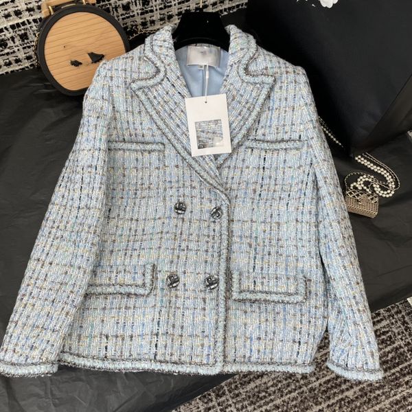 Damen Jacken 2023 Europäische Modemarke Frühjahr/Sommer Neu Frisch Blau Heavy Duty Tweed Golden Silk Suit Polo Fleece Coat 02