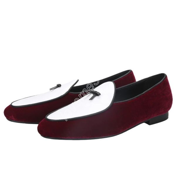 Vestido Sapatos 2023 Borgonha de retalhos de veludo Borgonha sapatos belgas com sapatos masculinos de festas de festas de couro em couro