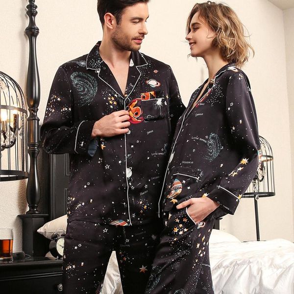 Herren Nachtwäsche Echte Seide Pyjama Damen Sommer Langarm Seidenraupe Paar Schwarz Sternenhimmel Herren Pyjama Zweiteilige Sets T8197QL