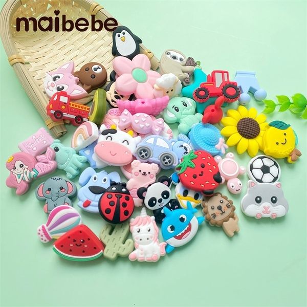 Bebek dişler oyuncaklar 10pcs bpa ücretsiz silikon karikatür teether boncuklar diy hayvan duş diş çıkarma Montessori duyusal mücevher 230331