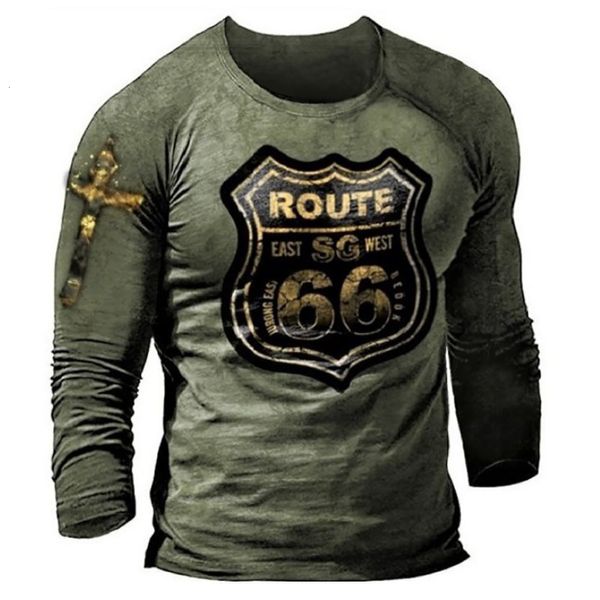 Herren T-Shirts Mode Retro Herren T-Shirts Übergroße Lose Kleidung Vintage Langarm America Route 66 Buchstaben 3D Bedrucktes T-Shirt EU Größe 5XL 230331