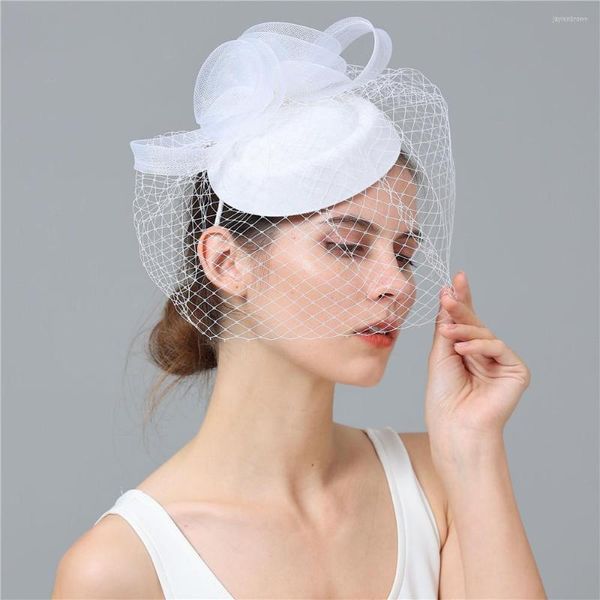 Kopfbedeckungen Weißes Netz Fascinator Schleier Hüte Haarspange Frauen Braut Kopfschmuck Mode Pillbox Hut Für Party Dinner Race Chapeau Cap