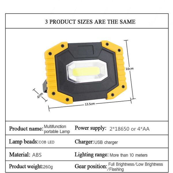 Lanterna de acampamento Lâmpada de trabalho de 20w LED LED Lanterna portátil Impermenda a água de 3 modos de emergência portátil Spotlight Recarregable Floodlight para acampar luz W0331