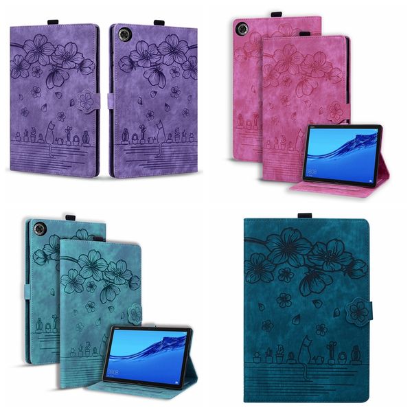 Leder-Tablet-Hüllen für Lenovo Tab M9 9 Zoll Pad Pro 2022 11.2 P11 Pro2 M10 Plus 3 Gen 3rd TB-328XU Sakura Flower Wallet Retro Print Cherry Cat Holder Flip Cover Card Pouch