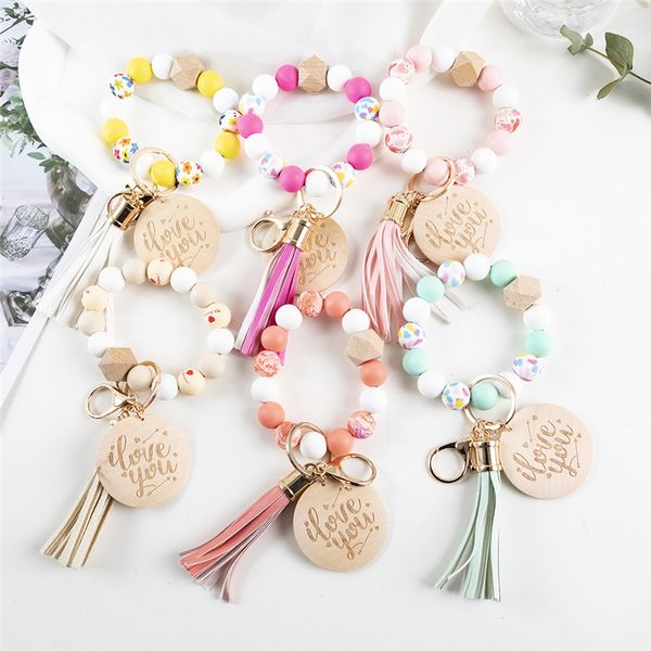 Nova chegada Flor Print Print Silicone Bead Keychain Pingente Round Wood Chip Loved Letters Bracelet Key Chains Jewelry Gifts