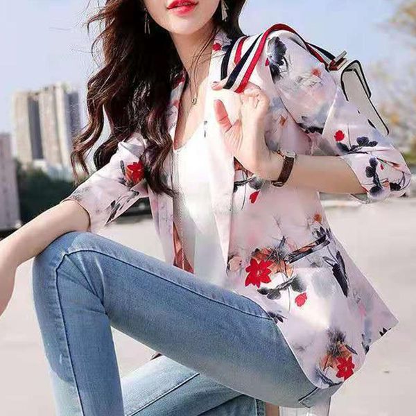 Ternos femininos Blazers estampa floral Protetor solar Slim Cardigan Thin For Women Coatle Elegante Três Quarto Office Lady 2023 Jaqueta de outono