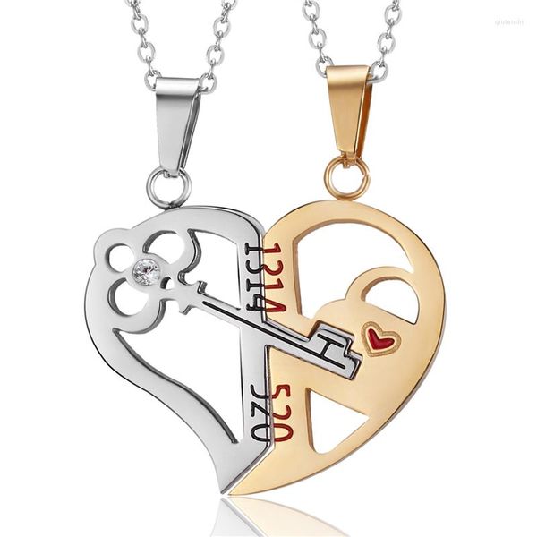 Collane con ciondolo Collana con cuore chiave Acciaio inossidabile Uomo Donna Coppia Amore CZ Puzzle Abbinamento