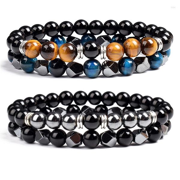 Strand 2pcs set di braccialetti di ematite irregolare nero ossidiana naturale occhio di tigre perline coppia bracciali uomo donna gioielli braccialetto di moda