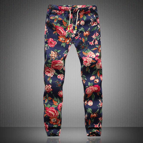 Calça masculina calça de linho homens 2022 Novos homens estampas florais jogadores masculino calça de verão casual masspantes de moletom w0325