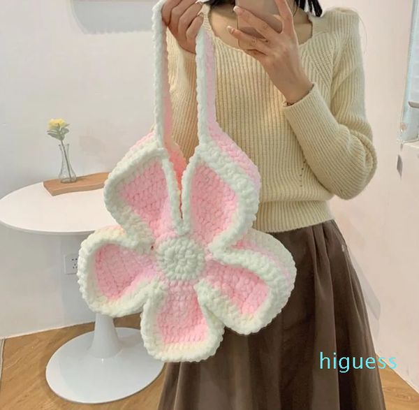 Borse a vita firmate Moda coreana Dolce borsa a cinque fiori Tessuta a mano Striscia di lana Fatta a mano all'uncinetto fai-da-te per le donne Completa