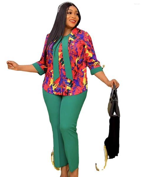 Roupas étnicas Verde verde duas peças Conjunto feminino Roupa de verão Africano Party casual Manga longa Tops de pernas largas Pontas de terno de terno