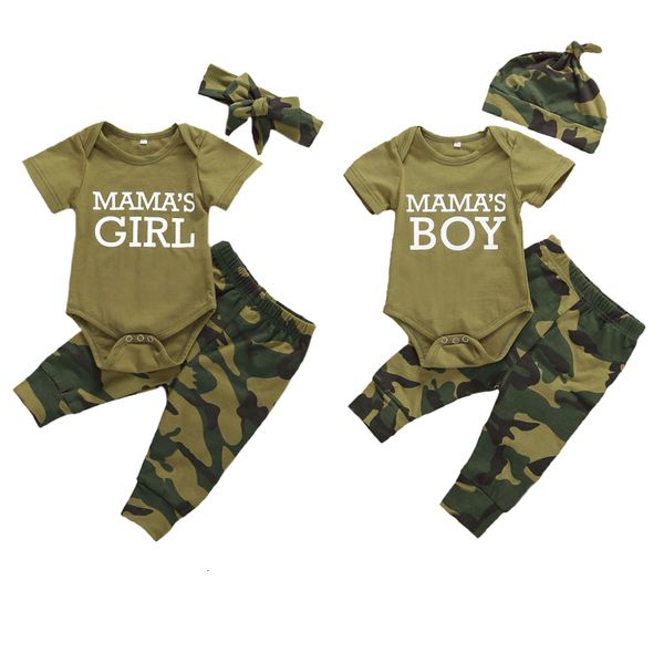 Set di abbigliamento nati Baby Girl Boy Clothes Mommy Sayings Top Stampato TShirt Pantaloni mimetici Cappelli Pagliaccetto Outfit Set 230331