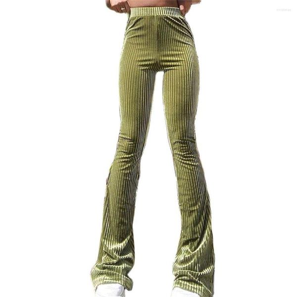 Kadın pantolon moda sıska yeşil pantolonlar kadın yüksek bel elastik bant saf renkli çukur çizgili kadife çan dipler