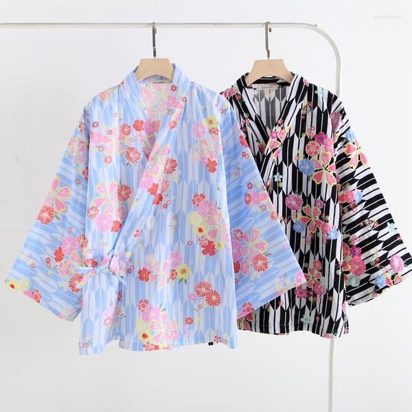 Damen Nachtwäsche im japanischen Stil Harajuku Haori Kimono Frau Baumwollgaze Kawaii Print Cardigan V-Ausschnitt Fledermausärmel Home Cover-ups