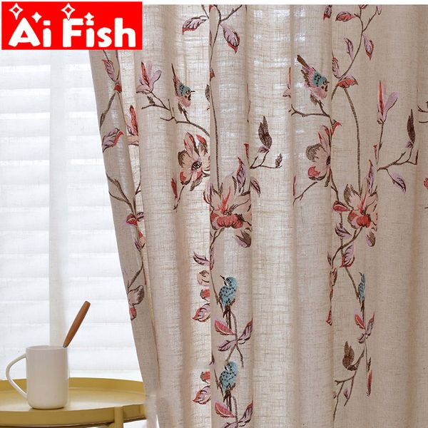 Cortinas puras Cânhamo de algodão Flores bordadas com projeção de pássaros Sombra Bedro White Tule Window Drapes para sala de estar 30 230330