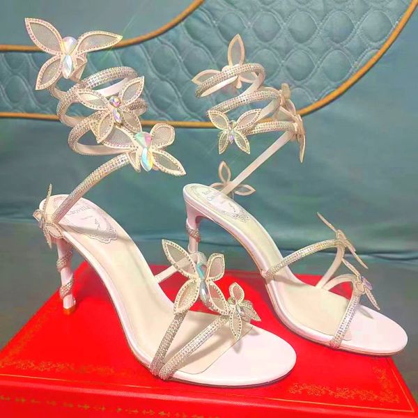 Rene Strass Crystal Butterfly Sandálias Saltos Stilletto Chinelos Slides sapatos de salto alto luxo feminino sola de couro vestido de noite sapatos de fábrica calçados