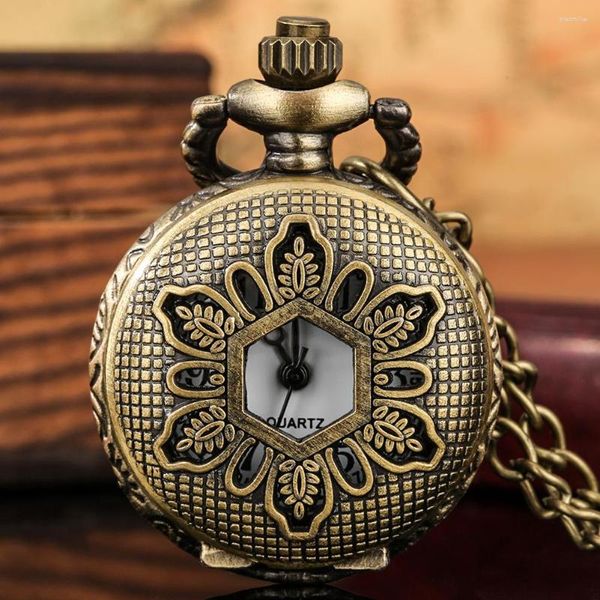 Taschenuhren schicke hohle Blätter Bronze Quarz Analog Halskette Uhr kleine Größe Anhänger Uhr Vintage Geschenke Männer Frauen