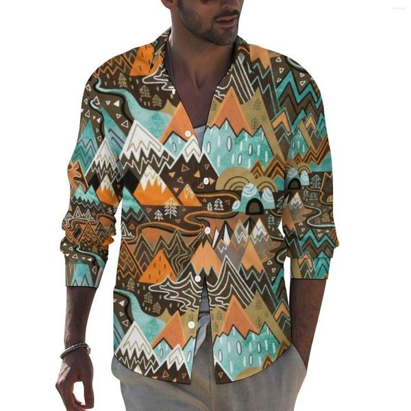 Lässige Hemden für Herren Vintage Mountains Man Maximalist Mountain Maze Brown Mint Orange Shirt Trendy Funny Blusen Pattern Top Plus Size