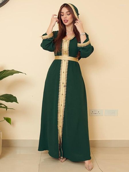 Vestidos casuais vestido de linho de algodão vintage vestido com capuz verde, abaya, elegante cinturão balanço Ramadã Roupas femininas