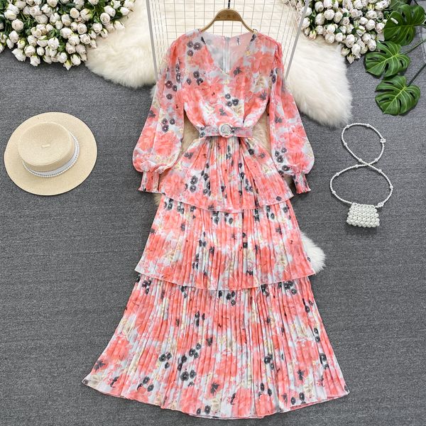 Vestido Summer Super Immortal Lantern Manga comprida decote em V com cós para um corte em A elegante vestido de chiffon floral com babados Saia longa elegante