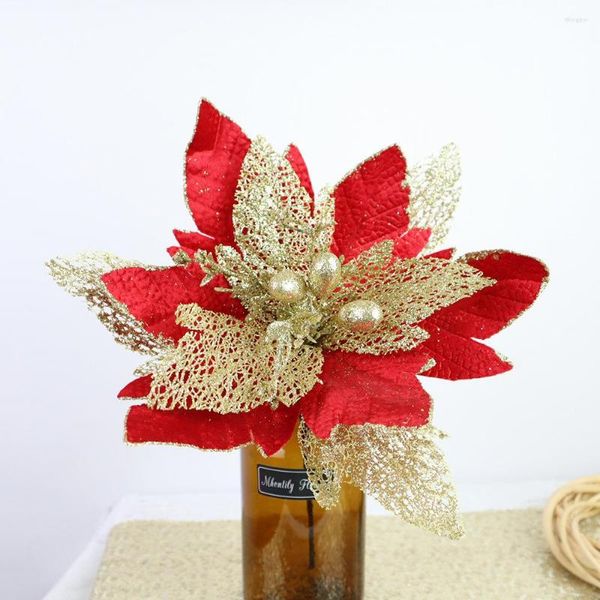 Flores decorativas Glitter Powder Velvet Christmas Artificial Flower Home Room Decoração Passo Cenário Pógrafo Simulação