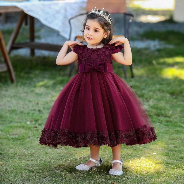 Abiti da ragazza Battesimo estivo Cerimonia di fiori rosa Abito da compleanno per 1 anno Abbigliamento per bambini Vestiti per bambini con fiocco in pizzo principessa