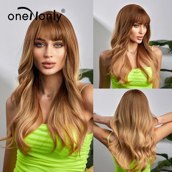 Perucas sintéticas de boa qualidade Onda longa onda de ouro e peruca marrom diariamente perucas naturais para mulheres Hairfactory resistente ao calor direto