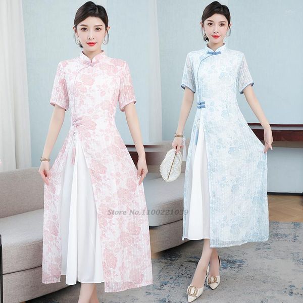 Abbigliamento etnico 2023 Aodai Abito Cheongsam Tradizionale stampa floreale orientale Ao Dai Pizzo nazionale Qipao Donna Vietnam