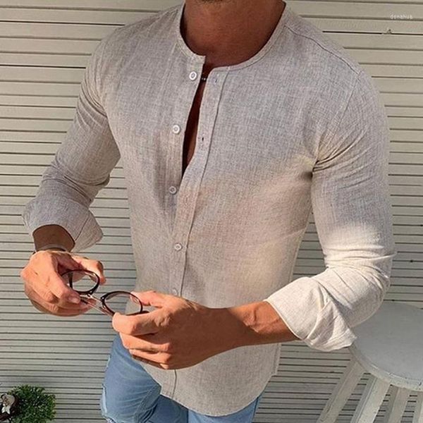 Camisetas masculinas Men Men Casual Redondo Color Sólido Camiseta Botão Termure Linho de Linho de Culpo Longo Tops Tops Logo