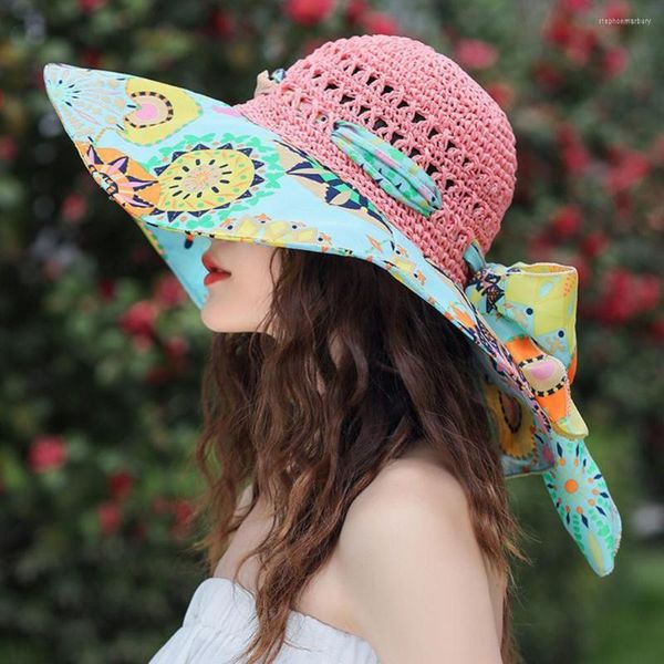 Geniş Memul Şapkalar Etnik Stil Baskı Patchwork Renkli Yay TIED DENTEK DEVİ SUN HAT Kadınları Büyük El Yapımı Örgülü Disket Saman Moda Aksesuarları