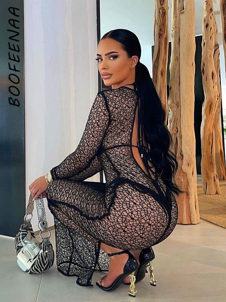 Платья для вечеринок Boofeenaa Sexy See Whip Black For Women Женщины вечер без спины Split Maxi Dress Night Club наряды 2023 C82 DZ18 230428