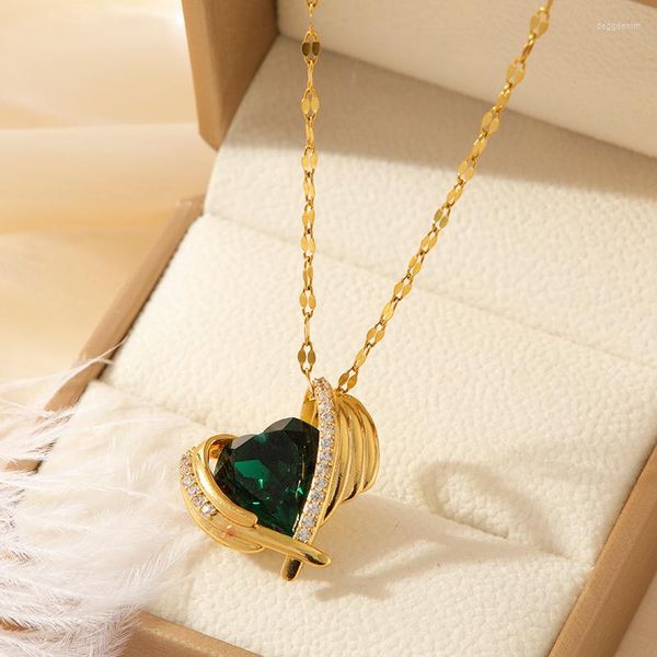 Подвесные ожерелья Amulet Heart Emerald for Women Золотое цвет из нержавеющей стали зеленый циркон Choker Свадебные ювелирные украшения