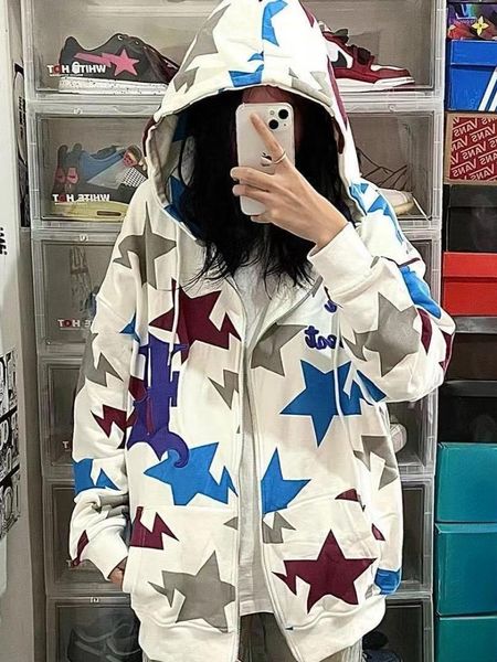 Damen Hoodies QWEEK Harajuku Streetwear Zip Up Damen Korean Style Hip Hop Stars Print Zipper Hood Sweatshirt 2023 Spring Fashion Kpop