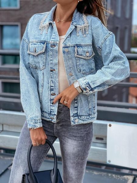 Damen Jacken Retro Gespleißt Strass Denim Mantel Damen Langarm Einreiher Gewaschene Jacke Damen Mode Lässig Hellblau Cowboy