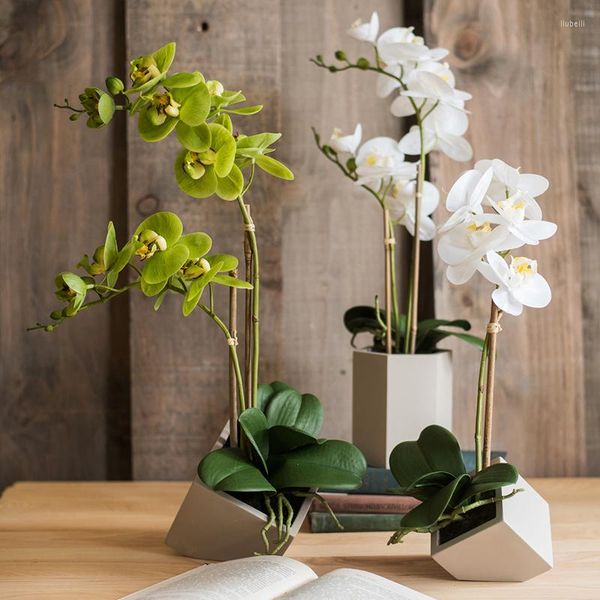 Flores decorativas Orquídeas Artificiais Phalaenopsis Simulação 3 cores Flor Fake With Pot Nordic Home Room El Garden Warden Garden