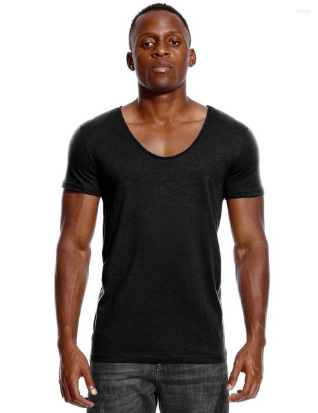 Erkekler 8993 Kepçe Boyun Tişört Erkekler için Düşük Kesim Derin V Geniş Vee Tee Erkek Tshirt Görünmez Slim Fit Kısa Kollu
