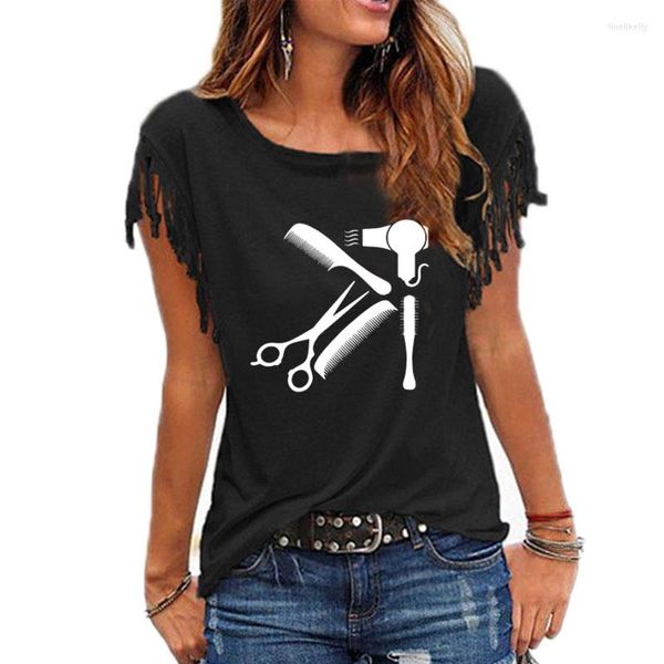 Camiseta feminina camiseta de arte de cabaçador de cabeceira de cabelo barbeiro engraçado mulheres tumblr moda tassel tops casuais