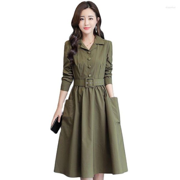 Casual Kleider 2023 Mode Frühling Herbst Frauen Shirt Stil Langarm Kleid Gürtel Schlank Tasche Big Swing Feminine A-Linie Maxi