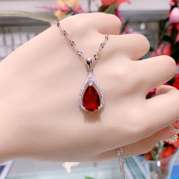 Zincirler OYS3 925 STERLING Gümüş Kolye Kadın Aşk İlk Soy Ruby Drop Kolye Moda All-Maç Klavikül Zinciri