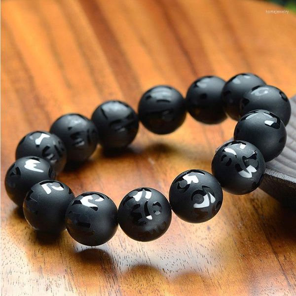 Strang 8–18 mm tibetisch-buddhistischer Gebets-Buddha, schwarze Achate, Perlen, Armbänder, Damen, Herren, Schmuck, geschnitzt, Om Mani Padme Hum, elastische Armreifen