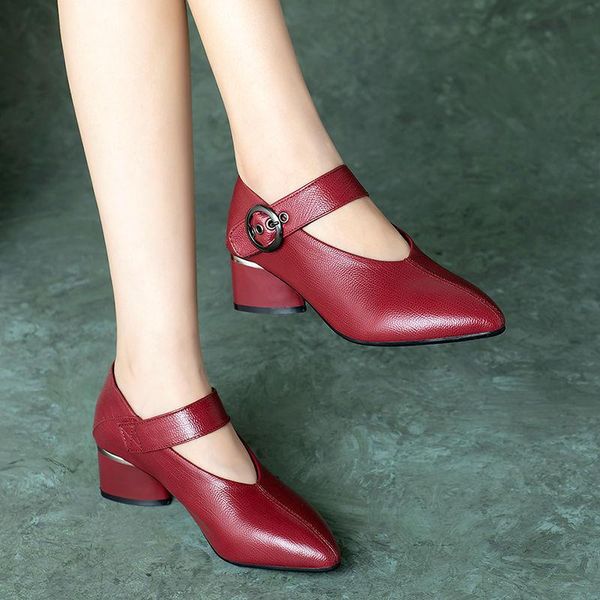 Scarpe eleganti Donna in morbida pelle 2023 Mamma Comfort Tacchi primaverili Punta a punta Cinturino con fibbia alla caviglia Calzature femminili BLACK.WINE-RED Dropship