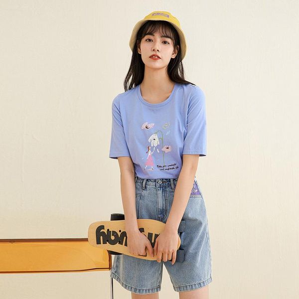 Damen-T-Shirts INMAN Cotton Sweet Cute Kawaii Style Oil Painting Flower Pattern English Embroidery Summer Girl Short Sleeve T-Shirt
